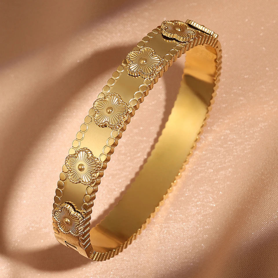 ZAKOL 3pcs/2pcs/1pcs Roman numeral stainless steel bracelet Set for Women Exquisite four-leaf Flower Bangle Daily Jewelry