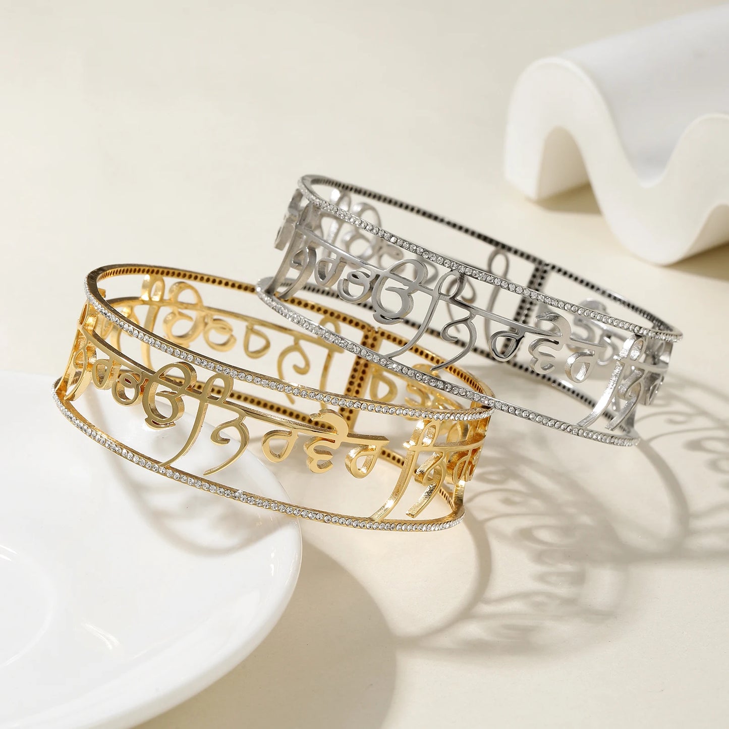 Punjabi Sikh Ice Crystal Zirconia Gold Bracelet Gift 18K Stainless Steel Bracelet Believer Faith Unique Symbol Religious Jewelry