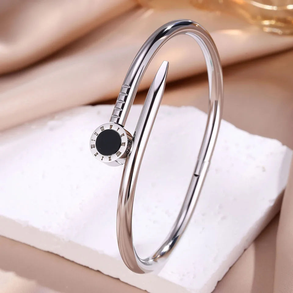 ZAKOL 3pcs/2pcs/1pcs Roman numeral stainless steel bracelet Set for Women Exquisite four-leaf Flower Bangle Daily Jewelry