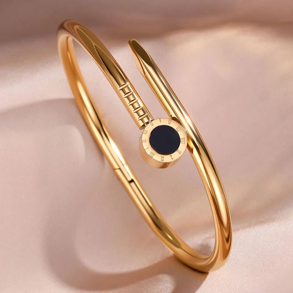 ZAKOL 3pcs/2pcs/1pcs Roman numeral stainless steel bracelet Set for Women Exquisite four-leaf Flower Bangle Daily Jewelry